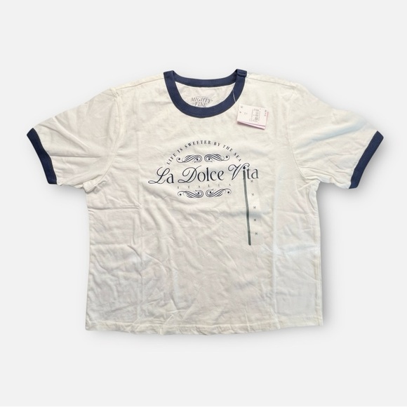 Mighty Fine La Dolce Vita Graphic Ringer Tee Sz M White/Navy - Picture 2 of 7